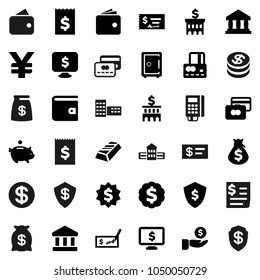 Flat vector icon set - school building vector, bank, gold ingot, credit card, wallet, money bag, piggy, investment, check, receipt, dollar medal, shield, safe, monitor, yen sign, coin, reader
