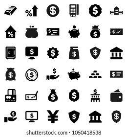 Flat vector icon set - school building vector, bank, dollar coin, gold ingot, credit card, percent growth, money bag, piggy, investment, check, medal, shield, safe, monitor, yen sign, wallet, reader