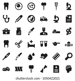Flat vector icon set - school building vector, doctor bag, heart pulse, thermometer, vial, gender sign, magnifier, pregnancy, dropper, crutches, scissors, broken bone, stethoscope, pills, bottle