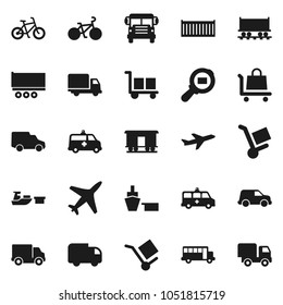 Flat vector icon set - school bus vector, bike, Railway carriage, plane, truck trailer, sea container, delivery, car, port, cargo, search, amkbulance, trolley
