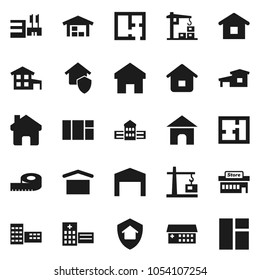 Flat vector icon set - school building vector, measuring, dry cargo, hospital, home, cottage, barn, plan, construction crane, protect, mall, window