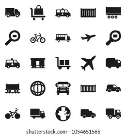 Flat vector icon set - school bus vector, world, bike, Railway carriage, plane, truck trailer, sea container, delivery, car, cargo, search, amkbulance, trolley