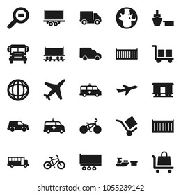 Flat vector icon set - school bus vector, world, bike, Railway carriage, plane, truck trailer, sea container, delivery, car, port, cargo, search, amkbulance, trolley