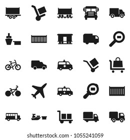 Flat vector icon set - school bus vector, bike, Railway carriage, plane, truck trailer, sea container, delivery, car, port, cargo, search, amkbulance, trolley