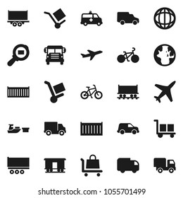Flat vector icon set - school bus vector, world, bike, Railway carriage, plane, truck trailer, sea container, delivery, car, port, cargo, search, amkbulance, trolley