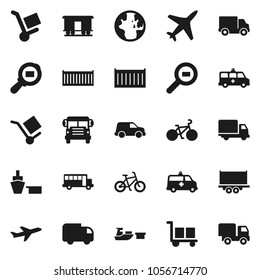 Flat vector icon set - school bus vector, world, bike, plane, truck trailer, sea container, delivery, car, port, cargo, search, Railway carriage, amkbulance, trolley