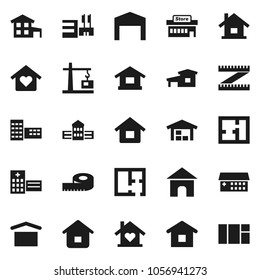 Flat vector icon set - school building vector, measuring, dry cargo, hospital, house, cottage, barn, plan, love home, construction crane, mall, window
