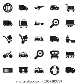Flat vector icon set - school bus vector, world, bike, Railway carriage, plane, truck trailer, sea container, delivery, car, port, cargo, search, amkbulance, trolley