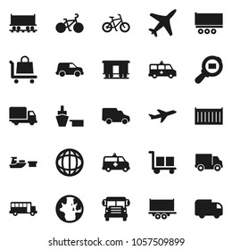 Flat vector icon set - school bus vector, world, bike, Railway carriage, plane, truck trailer, sea container, delivery, car, port, cargo, search, amkbulance, trolley