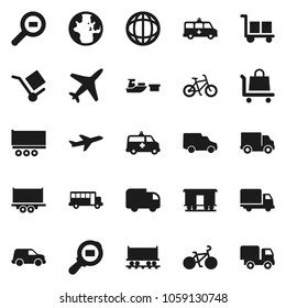 Flat vector icon set - school bus vector, world, bike, Railway carriage, plane, truck trailer, delivery, car, port, cargo, search, amkbulance, trolley