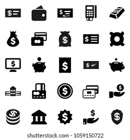 Flat vector icon set - school building vector, bank, dollar coin, gold ingot, credit card, money bag, piggy, investment, check, receipt, medal, monitor, any currency, wallet, reader, shield
