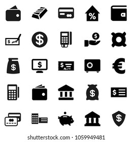 Flat vector icon set - school building vector, bank, gold ingot, wallet, percent growth, piggy, investment, check, receipt, safe, monitor dollar, any currency, euro sign, credit card, coin, reader