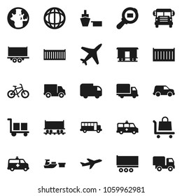 Flat vector icon set - school bus vector, world, bike, Railway carriage, plane, truck trailer, sea container, delivery, car, port, cargo, search, amkbulance, trolley