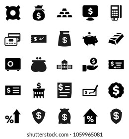 Flat vector icon set - school building vector, gold ingot, percent growth, money bag, piggy bank, investment, check, receipt, dollar medal, safe, monitor, any currency, credit card, wallet, reader