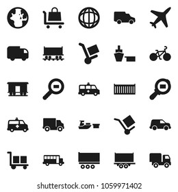 Flat vector icon set - school bus vector, world, bike, Railway carriage, plane, truck trailer, sea container, delivery, car, port, cargo, search, amkbulance, trolley