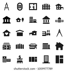 Flat vector icon set - school building vector, drawing compass, university, bank, stadium, dry cargo, hospital, home, cottage, chalet, fence, plan, apartments, love, mall, window