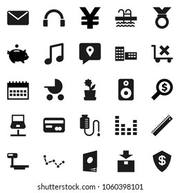 Flat vector icon set - school building vector, ruler, music, constellation, piggy bank, money search, calendar, yen sign, medal, pool, traking, no trolley, package, big scales, equalizer, headphones