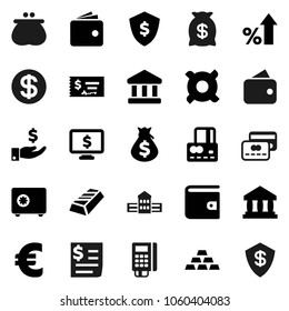 Flat vector icon set - school building vector, bank, gold ingot, credit card, wallet, percent growth, money bag, investment, check, dollar shield, safe, monitor, any currency, euro sign, receipt