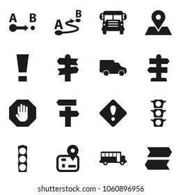Flat vector icon set - school bus vector, signpost, navigator, map pin, traffic light, car, route, attention sign, stop