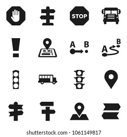 Flat vector icon set - school bus vector, signpost, navigator, map pin, traffic light, route, attention sign, stop