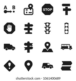 Flat vector icon set - school bus vector, signpost, navigator, map pin, traffic light, car, route, attention sign, stop