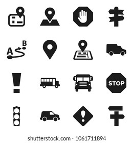 Flat vector icon set - school bus vector, signpost, navigator, map pin, traffic light, car, route, attention sign, stop