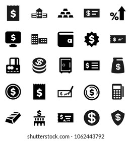 Flat vector icon set - school building vector, dollar coin, gold ingot, credit card, wallet, percent growth, check, bank, receipt, medal, safe, monitor, money bag, reader, shield