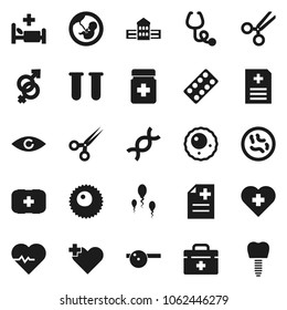 Flat vector icon set - school building vector, heart pulse, cross, first aid kit, doctor bag, vial, eye, gender sign, dna, pregnancy, scissors, stethoscope, pills bottle, blister, hat, microbs