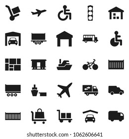 Flat vector icon set - school bus vector, bike, plane, traffic light, ship, truck trailer, sea container, car, port, consolidated cargo, warehouse, Railway carriage, disabled, garage, relocation