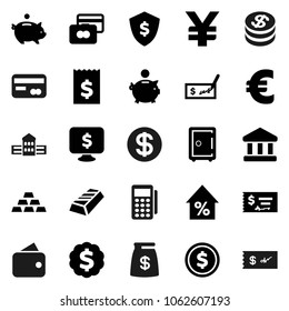 Flat vector icon set - school building vector, bank, dollar coin, gold ingot, credit card, percent growth, piggy, check, receipt, medal, shield, safe, monitor, euro sign, yen, wallet, money bag