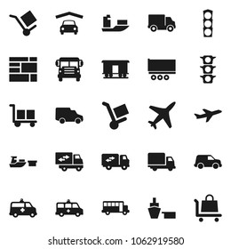 Flat vector icon set - school bus vector, plane, traffic light, ship, truck trailer, delivery, car, port, consolidated cargo, Railway carriage, amkbulance, garage, relocation, trolley