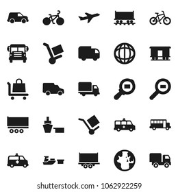 Flat vector icon set - school bus vector, world, bike, Railway carriage, plane, truck trailer, delivery, car, port, cargo, search, amkbulance, trolley