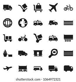 Flat vector icon set - school bus vector, world, bike, Railway carriage, plane, truck trailer, sea container, delivery, car, port, cargo, search, amkbulance, trolley