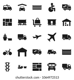 Flat vector icon set - school bus vector, bike, Railway carriage, plane, traffic light, sea container, delivery, car, port, consolidated cargo, warehouse, disabled, amkbulance, garage, trolley