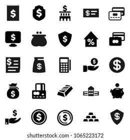 Flat vector icon set - school building vector, dollar coin, gold ingot, credit card, percent growth, money bag, piggy bank, investment, shield, monitor, receipt, wallet, reader, check