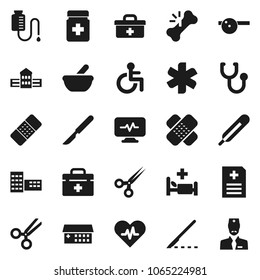 Flat vector icon set - school building vector, doctor bag, ambulance star, disabled, heart pulse, thermometer, scissors, scalpel, broken bone, patch, stethoscope, pills bottle, mortar, eye hat