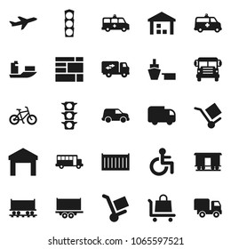 Flat vector icon set - school bus vector, bike, Railway carriage, plane, traffic light, ship, truck trailer, sea container, car, port, consolidated cargo, warehouse, disabled, amkbulance, relocation
