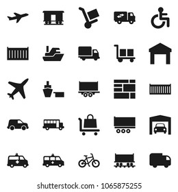 Flat vector icon set - school bus vector, bike, Railway carriage, plane, ship, truck trailer, sea container, delivery, car, port, consolidated cargo, warehouse, disabled, amkbulance, garage, trolley