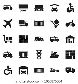 Flat vector icon set - school bus vector, bike, Railway carriage, plane, traffic light, ship, truck trailer, sea container, delivery, car, port, consolidated cargo, warehouse, disabled, amkbulance