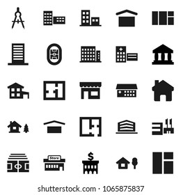 Flat vector icon set - school building vector, drawing compass, bank, stadium, dry cargo, hospital, home, cottage, chalet, plan, apartments, office, store, mall, window
