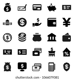 Flat vector icon set - school building vector, bank, dollar coin, credit card, wallet, percent growth, money bag, piggy, investment, check, receipt, monitor, yen sign, reader, shield