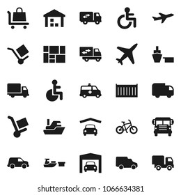 Flat vector icon set - school bus vector, bike, plane, ship, sea container, delivery, car, port, consolidated cargo, warehouse, disabled, amkbulance, garage, relocation truck, trolley