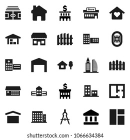 Flat vector icon set - school building vector, drawing compass, bank, stadium, dry cargo, hospital, home, chalet, barn, fence, plan, apartments, office, love, store, mall, window