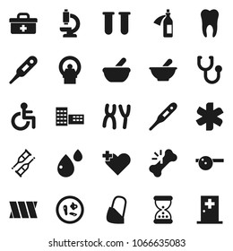 Flat vector icon set - school building vector, doctor bag, ambulance star, disabled, heart cross, thermometer, vial, crutches, broken bone, sand clock, stethoscope, mortar, eye hat, microscope