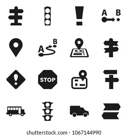 Flat vector icon set - school bus vector, signpost, navigator, map pin, traffic light, car, route, attention sign, stop