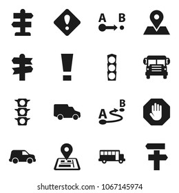 Flat vector icon set - school bus vector, signpost, navigator, map pin, traffic light, car, route, attention sign, stop