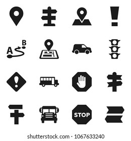Flat vector icon set - school bus vector, signpost, navigator, map pin, traffic light, car, route, attention sign, stop