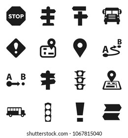 Flat vector icon set - school bus vector, signpost, navigator, map pin, traffic light, route, attention sign, stop
