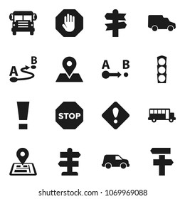Flat vector icon set - school bus vector, signpost, navigator, map pin, traffic light, car, route, attention sign, stop