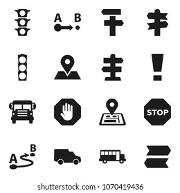 Flat vector icon set - school bus vector, signpost, navigator, map pin, traffic light, car, route, attention sign, stop